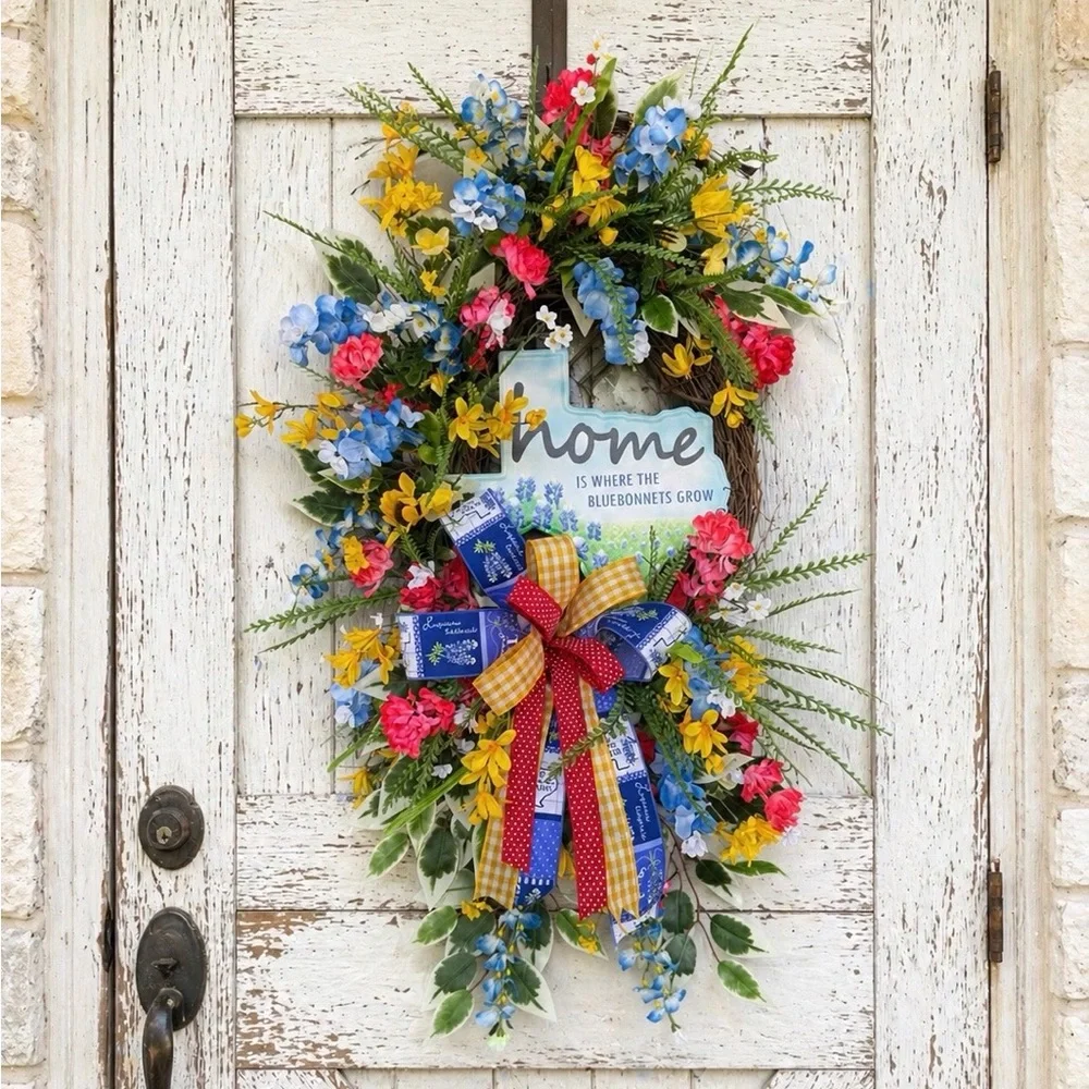 Spring Home Holiday Floral Door Swag with Blue, Yellow & Pink Flowers